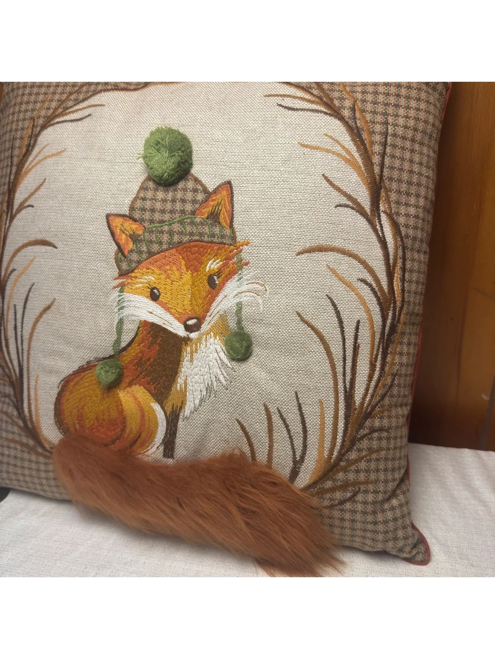 Vintage Pier 1 Fox Throw Pillow 16x16 Embroidered Woodland Pom Pom Tail